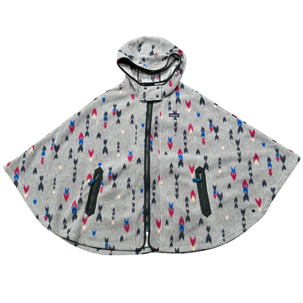 Patagonia Synchilla Fleece Poncho Grey Geometric Full Zip Hooded Cape M/L 25285 - Picture 2 of 14